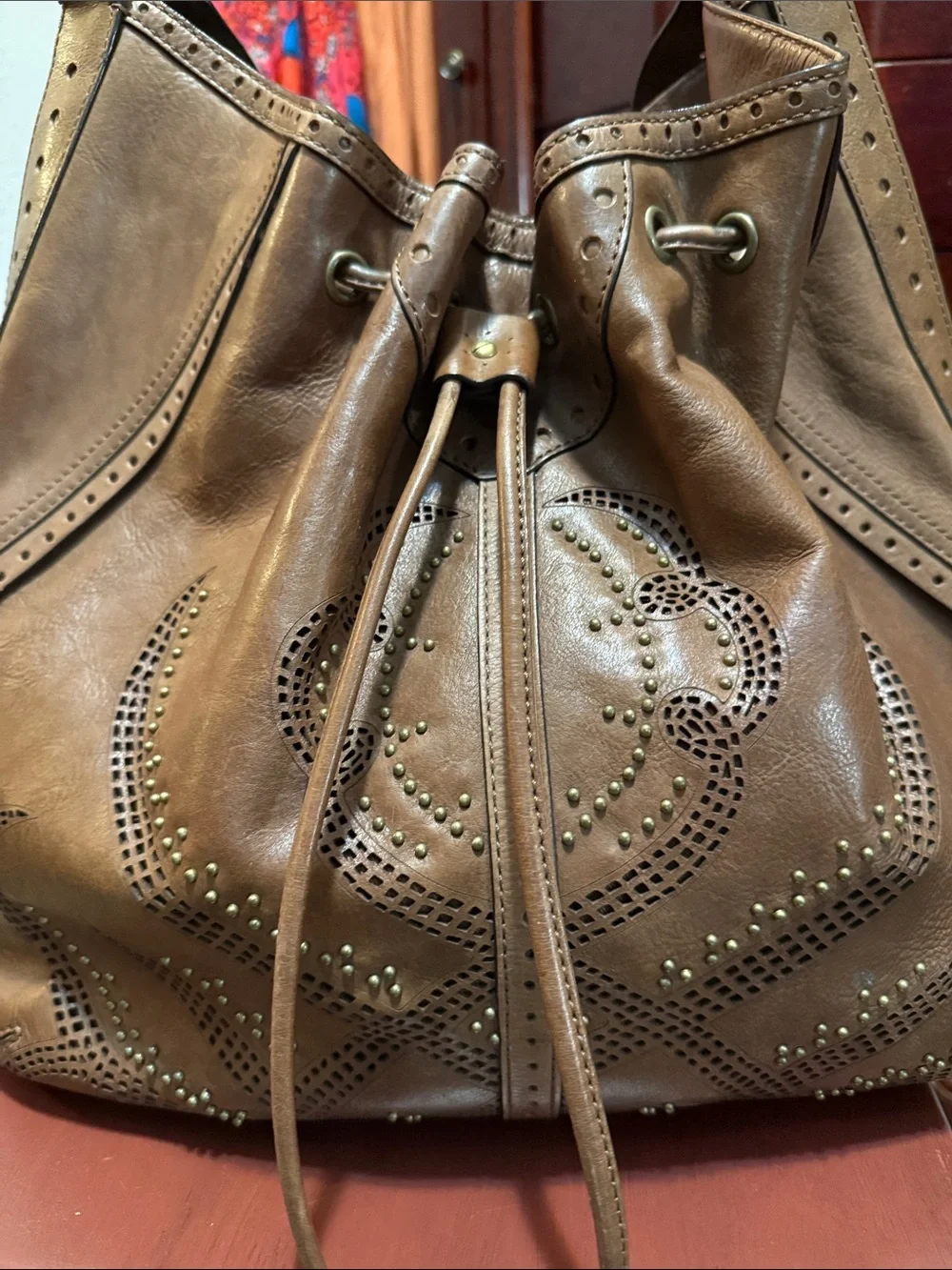 Cole Haan Brown Leather Drawstring Hobo Bag Studded Detailing